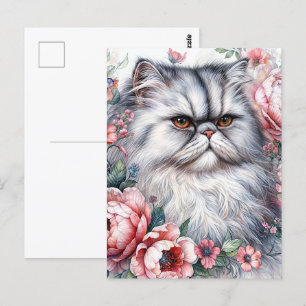 Carte Postale Chat Perse Fleurs Roses Aquarelle Art