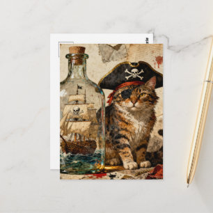 Carte Postale Chat pirate avec un navire dans une bouteille