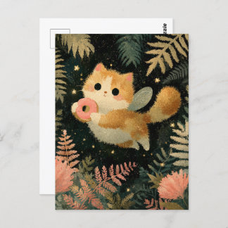 Carte Postale Chat poilu Kawaii avec Donut