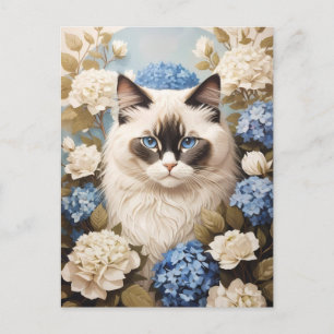 Carte Postale Chat Ragdoll Avec Fleurs Bleues D'Hydrangée