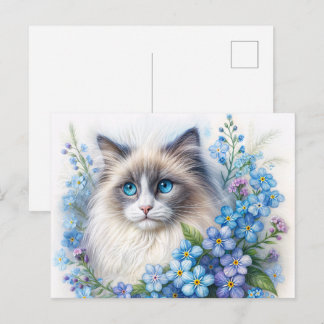 Carte Postale Chat Ragdoll avec myosotis