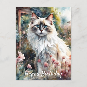 Carte Postale Chat Ragdoll dans un jardin anglais pour anniversa