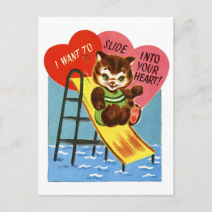 Carte Postale Chat Rétro Glissant Dans Votre Coeur Valentine