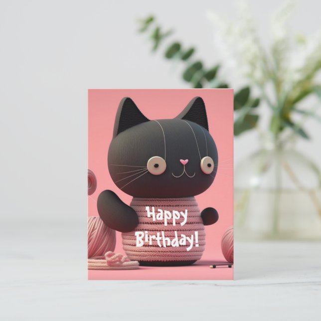 Carte Postale Chat rose "Voeux d'Anniversaire Purs" (Debout devant)