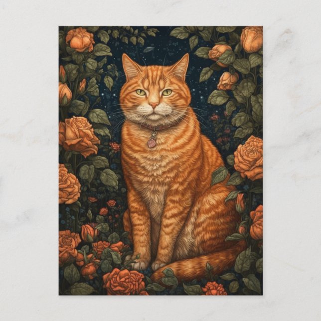 Carte Postale Chat roux dans les fleurs (Devant)