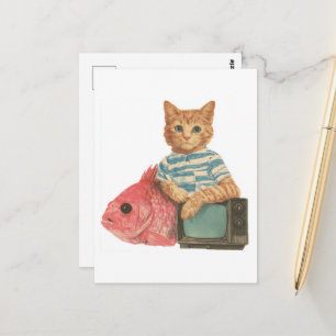 Carte Postale Chat roux mignon avec poisson rouge et TV Collage