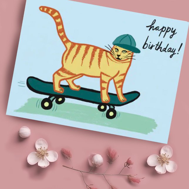 Carte Postale Chat roux planche à roulettes JOYEUX ANNIVERSAIRE (Cute skateboarding tabby cat drawing on this custom birthday postcard -add your own text)