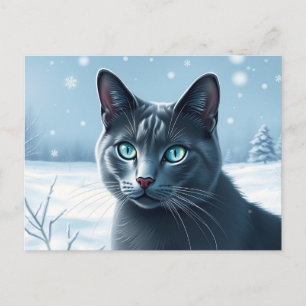 Carte Postale Chat Russe Bleu Serein dans un Hiver enneigé Tranq