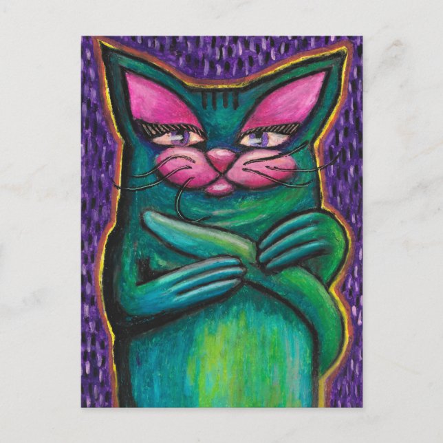 Carte Postale Chat sarcelle féminin au pastel à l'huile sur fond (Devant)