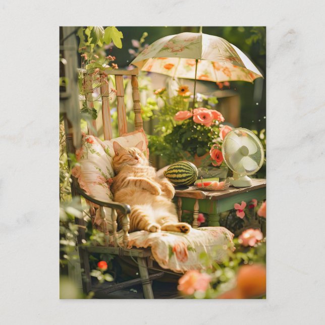 Carte Postale Chat se détendant dans une chaise de pont sous un  (Devant)