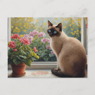 Carte Postale Chat siamois à la fenêtre avec vue sur le jardin