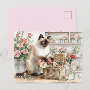 Carte Postale Chat siamois arrangeant des fleurs pour la fête de