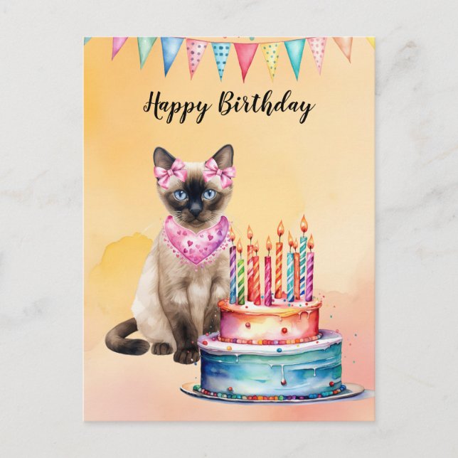 Carte Postale Chat siamois au spa avec gâteau d'anniversaire (Devant)