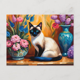 Carte Postale Chat siamois et bouquets dans des vases aquarelle