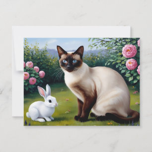 Carte Postale Chat siamois et joli lapin dans le jardin d'été
