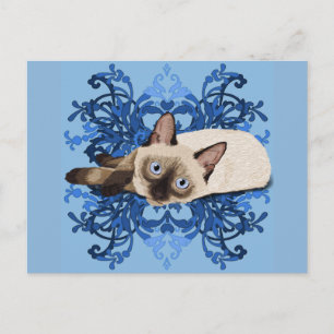 Carte Postale Chat siamois floral bleu élégant assez félin