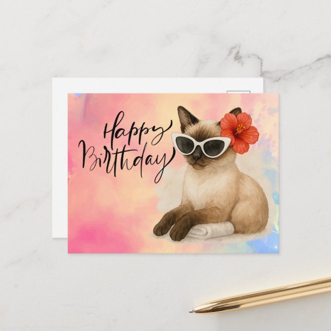 Carte Postale Chat siamois portant des lunettes de soleil Joyeux (Devant/Arrière en situation)