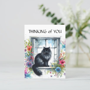 Carte Postale Chat sibérien noir dans la fenêtre Aquarelle Flora