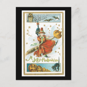 Carte Postale Chat, sorcière et hibou noir d'Halloween
