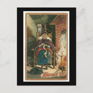 Carte Postale Chat, sorcière et hibou noir d'Halloween