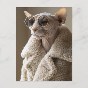 Carte Postale Chat Sphynx élégant en lunettes de soleil et mante