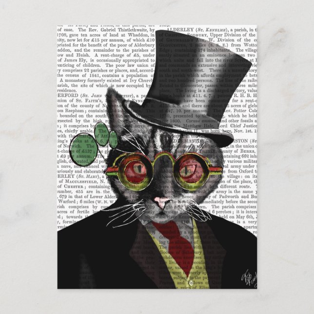 Carte Postale Chat Steampunk - Chapeau supérieur et verres jaune (Devant)