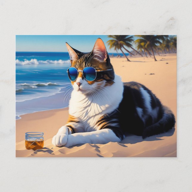 Carte Postale Chat sur la plage avec un verre de whisky (Devant)