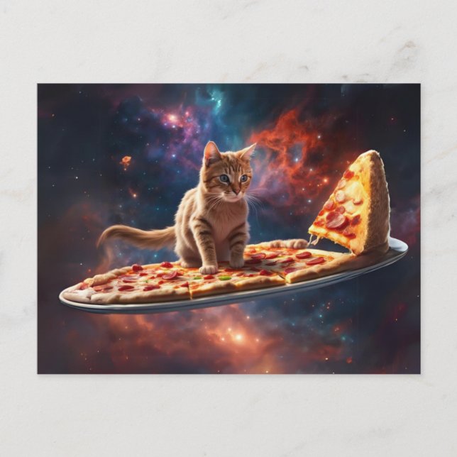 Carte Postale Chat surfant une pizza dans le cosmos (Devant)