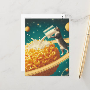 Carte Postale Chat surréaliste avec verre de lait sur la planète