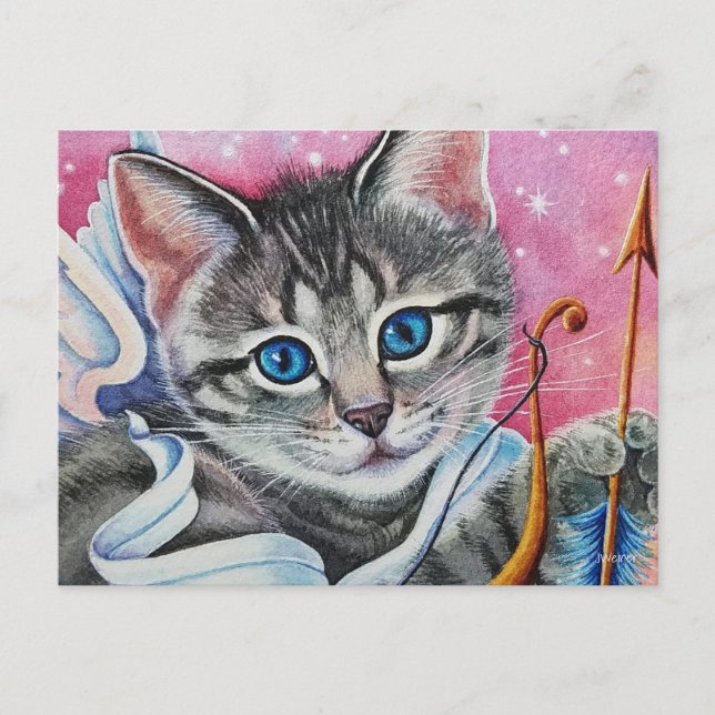 Carte Postale Chat tabby Cupidon fantaisiste - Art aquarelle (Devant)