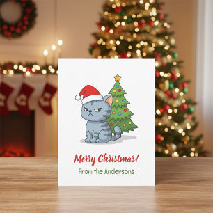 Carte Postale Chat tabby gris grincheux avec chapeau de Noël rou