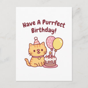 Carte Postale Chat Tabby Mignon Avec Gâteau Anniversaire Parfait