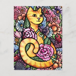 Carte Postale Chat tigré orange jardin de fleurs