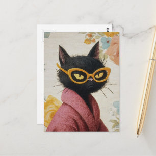 Carte Postale Chat unique avec attitude en robe de chambre et lu