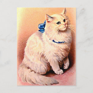 Carte Postale Chat vintage avec Bleu Bow