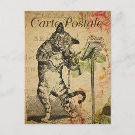 Carte Postale Chat vintage Jouer Fiddle Rose Roses Français