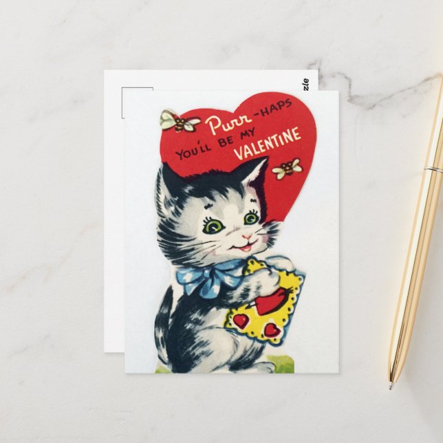 Carte Postale chat vintage Valentine (Devant/Arrière en situation)