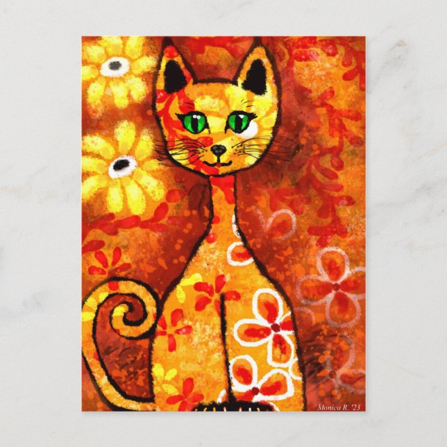 Carte Postale Chat Whimsical Rétro Kitty Floral Jaune Rouge Oran (Devant)