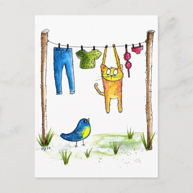Carte Postale Chat Whimsical sur une ligne de linge (Devant)