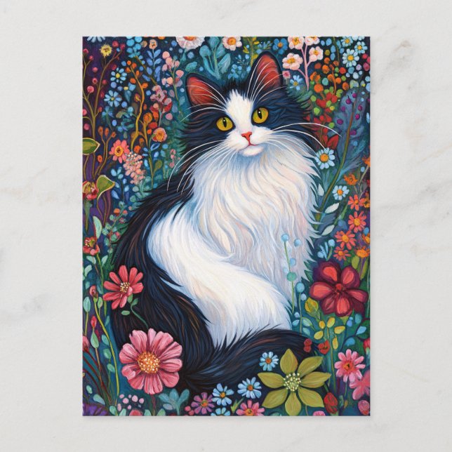 Carte Postale Chat Whimsical Tuxedo avec Fleur sauvage (Devant)