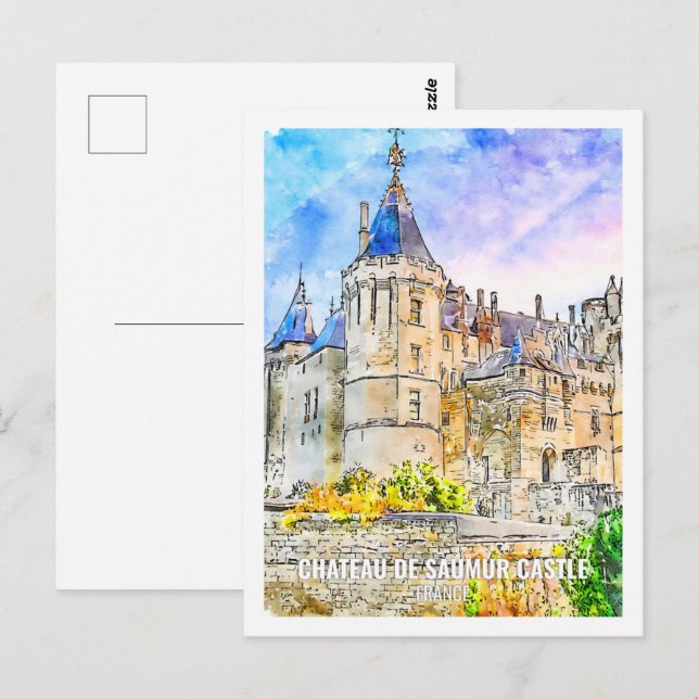 Carte Postale Château de Saumur Chateau Place de Voyage Aquarell (Devant / Derrière)