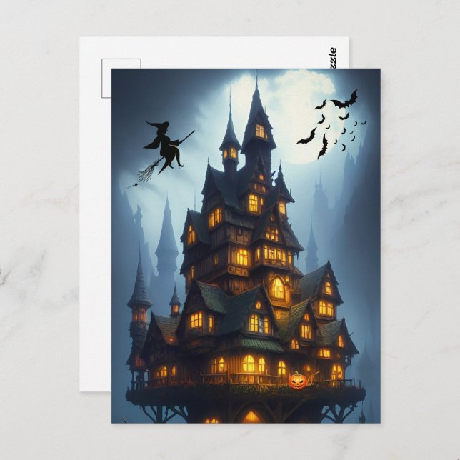 Carte Postale Château de Sorcière Halloween effrayant (Devant / Derrière)