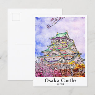 Carte Postale Château d'Osaka Japon Voyage Aquarelle main tirée