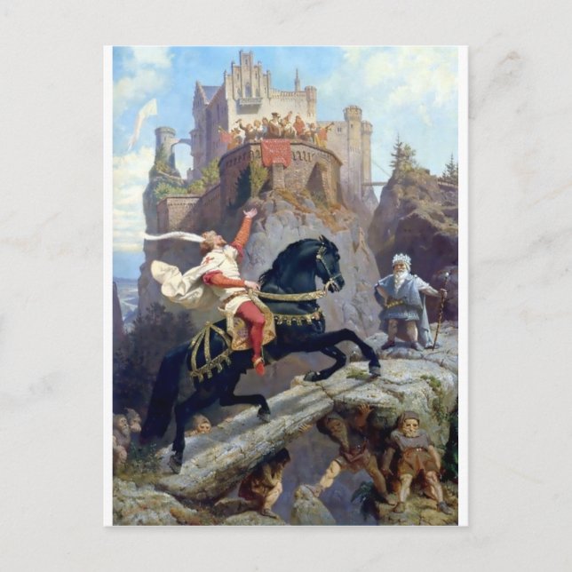 Carte Postale Château médiéval Prince de cheval noir gnomes (Devant)