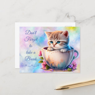 Carte Postale Chaton à l'aquarelle dans une tasse à thé coloré C