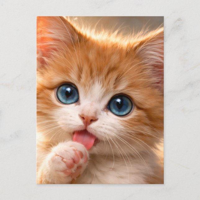 Carte Postale Chaton aux yeux bleus se léchant la patte (Devant)