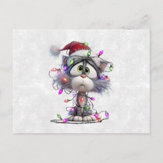 Carte Postale Chaton de Noël emmêlé dans les lumières
