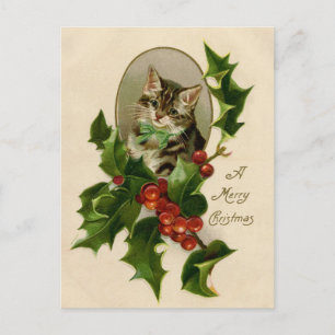 Carte Postale Chaton de Noël victorien au houx antique tabby