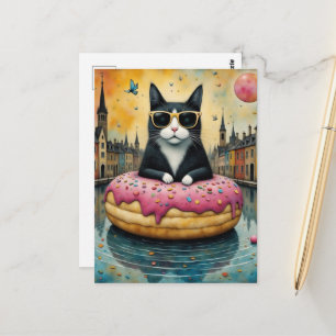 Carte Postale Chaton en vacances dans un beignet flottant