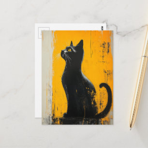 Carte Postale chaton noir adorable grunge fond jaune